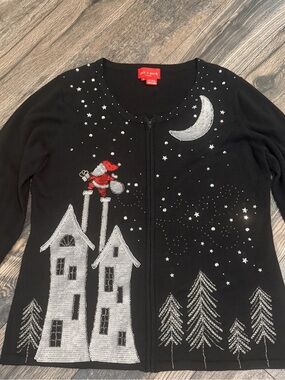 Jack B Quick Black Holiday Santa Cardigan Silver Embellishments Full Zip Large